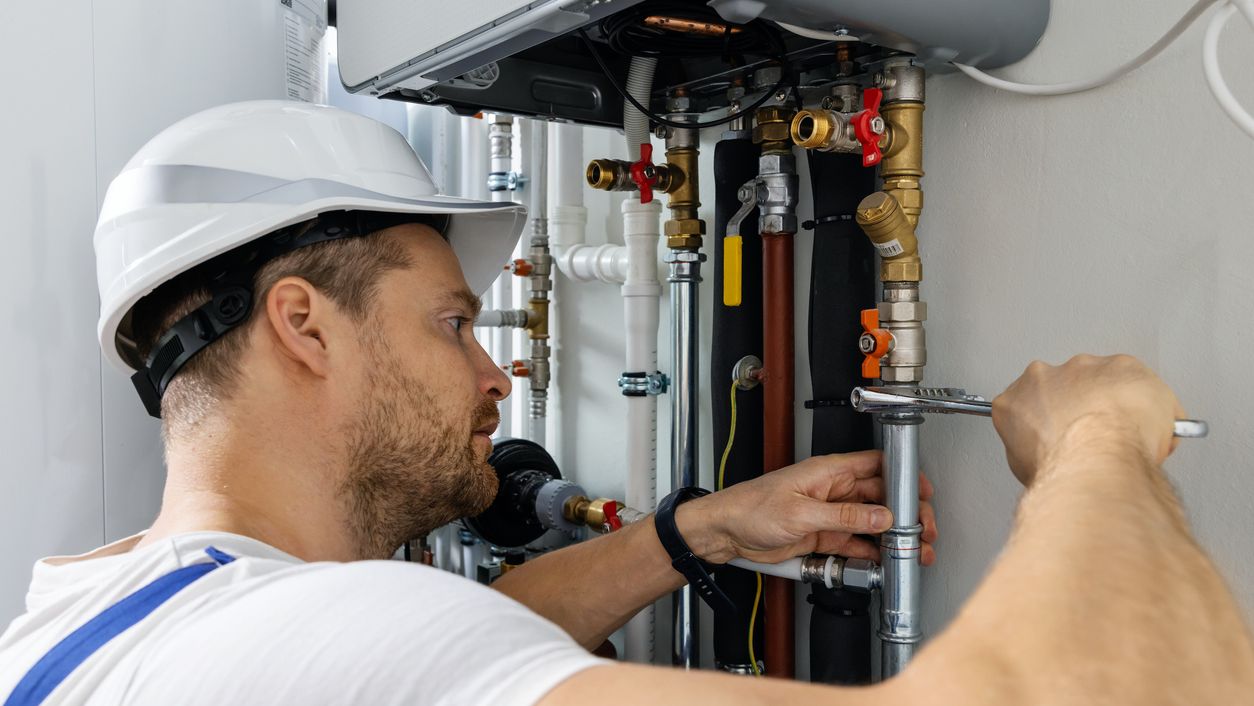 Un installateur travaillant sur une chaudière gaz.