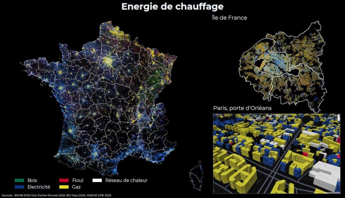 Capture d'écran de la BDNB. Celle-ci permet notamment de caractériser le type d'énergie utilisé pour le chauffage, à l'échelle nationale, régionale ou même d'un quartier. BNDB