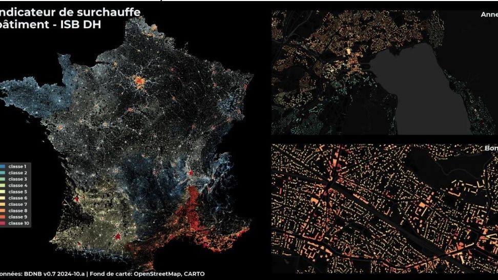 Grâce à un code couleur, l’outil cartographique de l'ISB permet de distinguer aisément les zones les plus sensibles où il serait urgent de rénover : le pourtour méditerranéen, les grandes agglomérations, les zones les plus vulnérables...